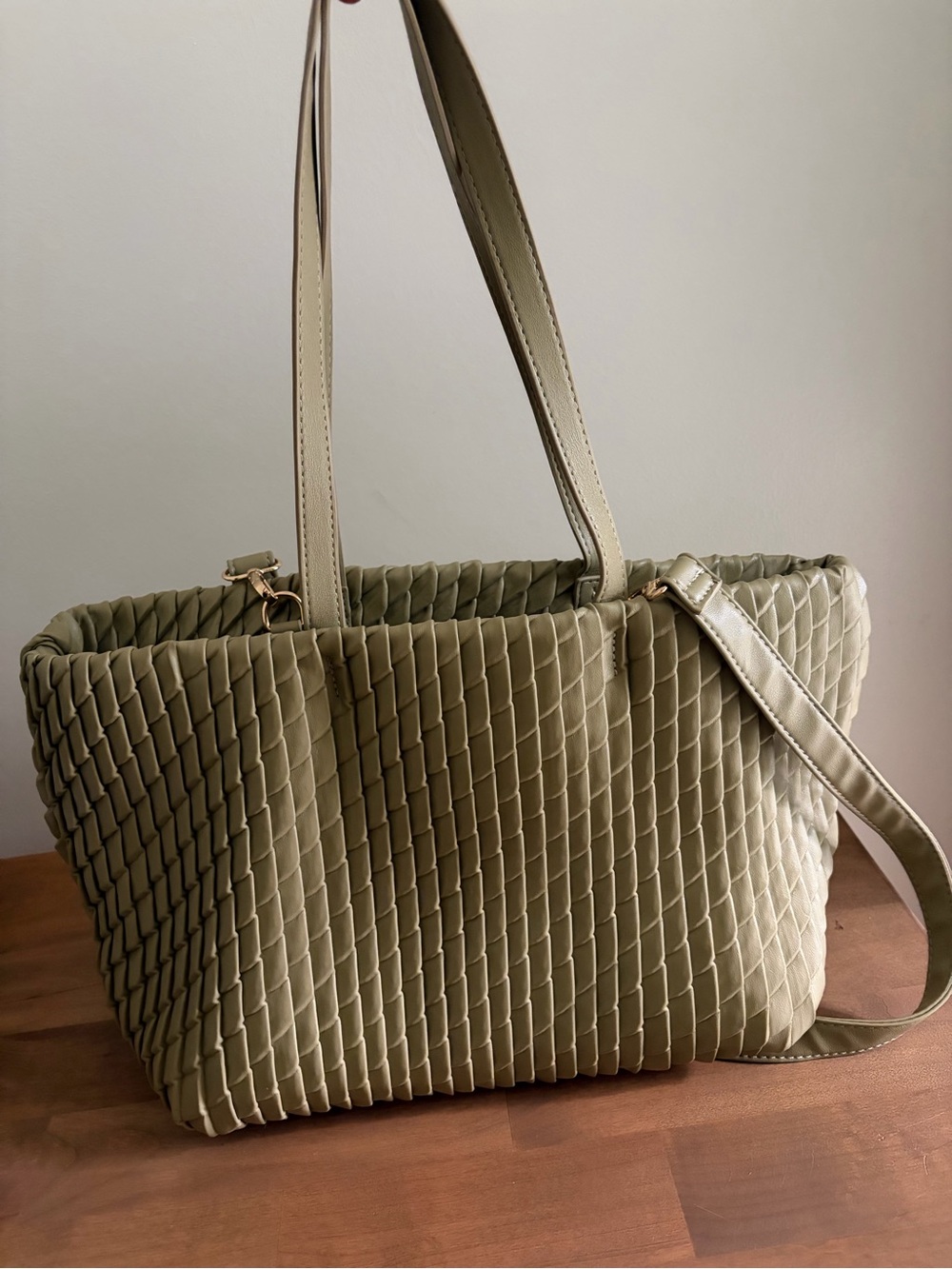 Expressions NYC Green Smocked Pleated Vegan Leather Tote Bag with Shoulder Strap